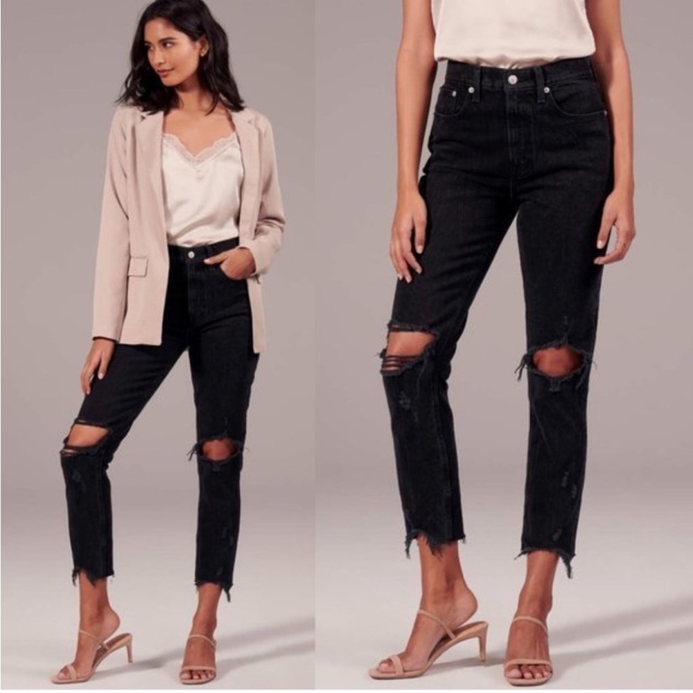 Abercrombie & Fitch Curve Love High Rise Mom Jean Black 29 8 Long Distressed